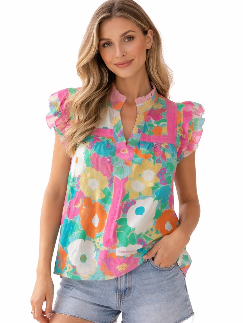 Love the Label Floral Ruffle Sleeve V-Neck Blouse - Pink Multi